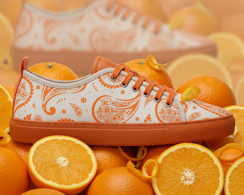 Sneaker with orange pattern on a background of oranges